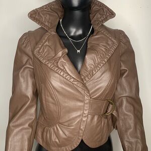 Chocolate Leather Jacket with Buckle Detail